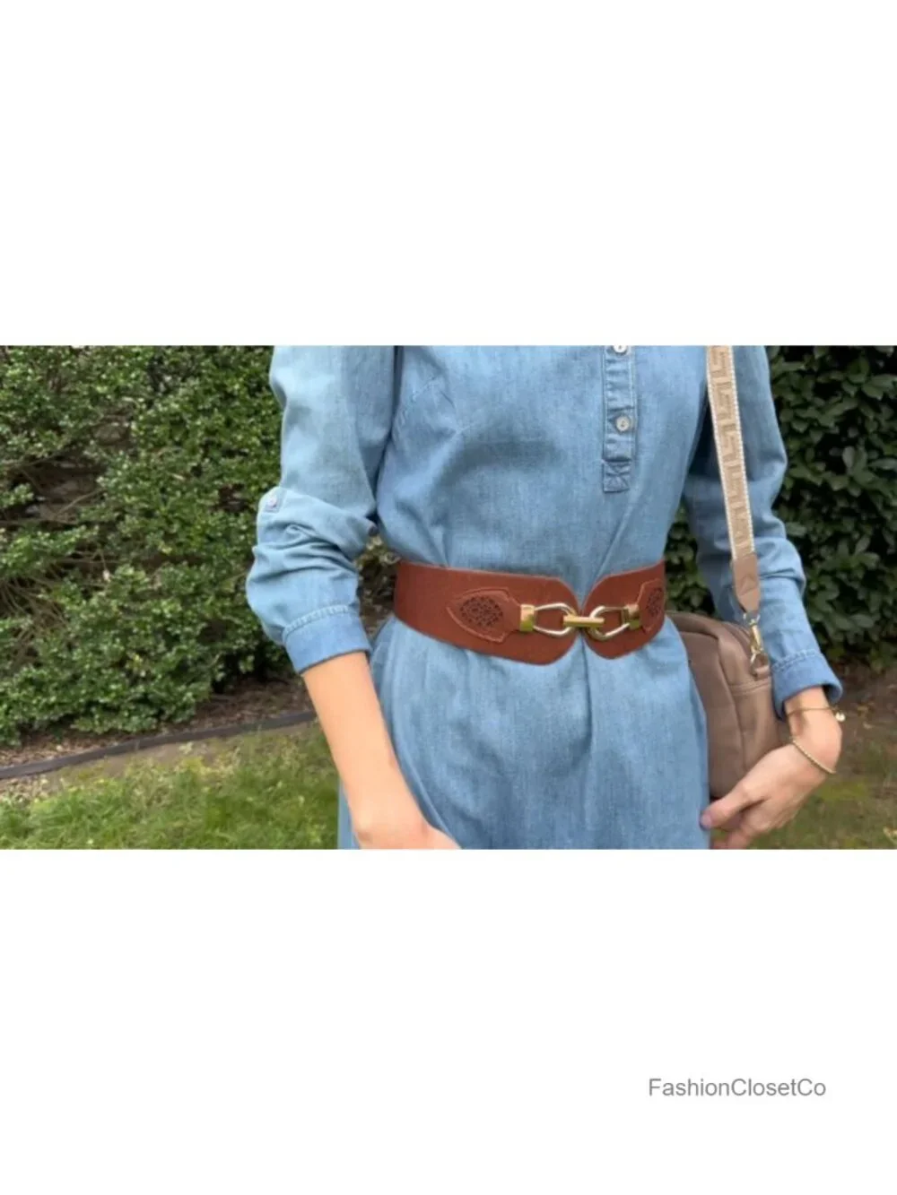 Vintage Stretchy Elastic Belt with Chunky Gold Buckle for Dresses